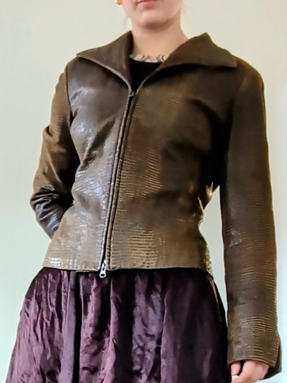 Danier Dark Brown Textured Leather Zip Jacket